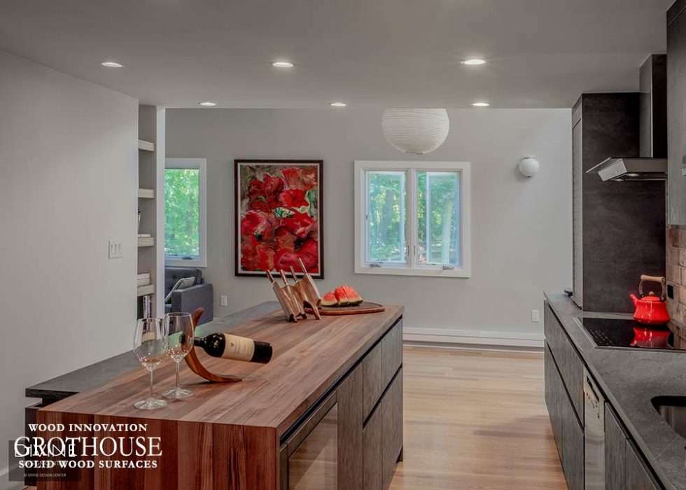 Burmese Teak Kitchen Island Waterfall Countertop in Lexington, MA