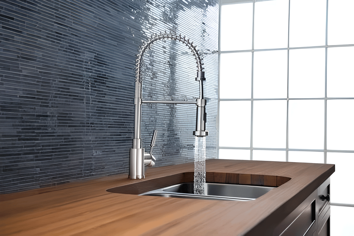 cN-vXKsA-(1)nn A modern bathroom sink with a rectangular white basin set on a wooden countertop. A wall-mounted faucet is above the sink. A potted plant and a box of tissues are on the counter, and a rectangular mirror hangs on the wall.