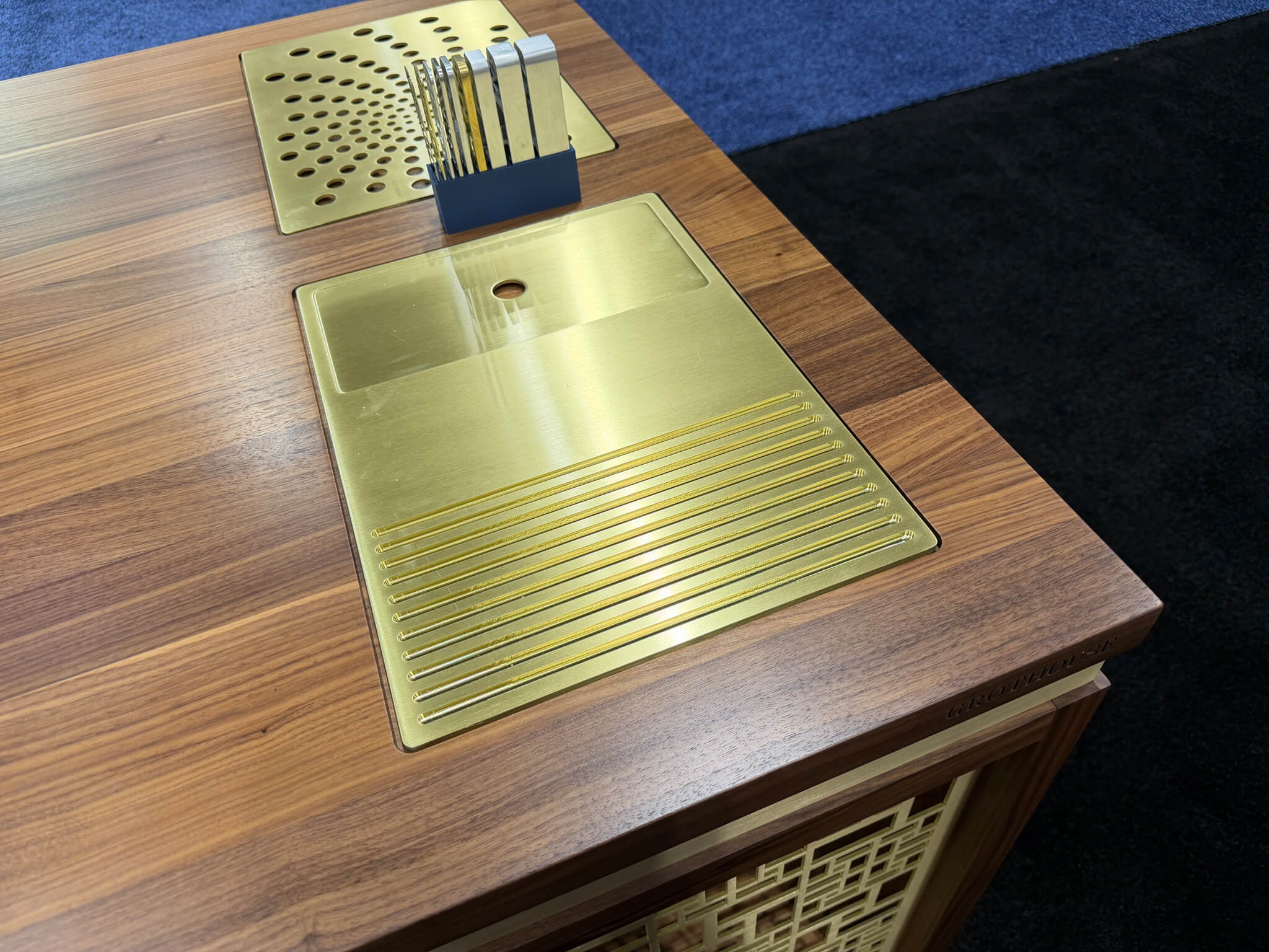 KBIS  architectural grille walnut edge grain island durata satin 